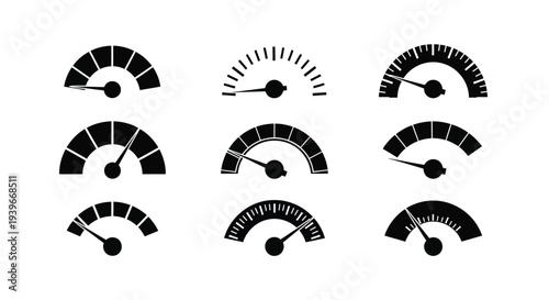 Collection of nine simple vector graphic speedometer and gauge icons for measurement and progress illustration design