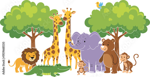Cute cartoon wild jungle animals including lion elephant giraffe bear and crocodile standing together in a forest with green trees vector illustration.