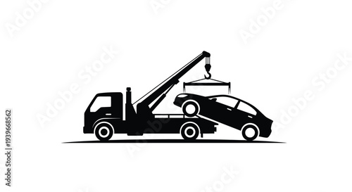 Tow truck graphic illustration with a vehicle being lifted by its crane design.