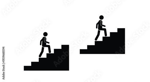 Graphic illustration of stick figures ascending segmented stairs, symbolizing business progress, growth, and ambitious goal reaching.