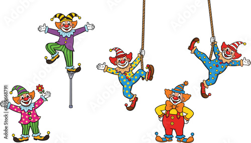 Playful cartoon circus clowns in colorful costumes performing stunts, swinging, and posing for fun festive design projects