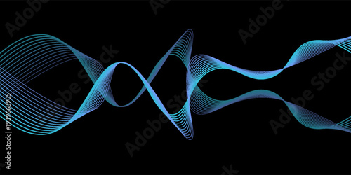 abstract wavy lines background. Vector wave lines smooth flowing dynamic blue green gradient light isolated on black background.