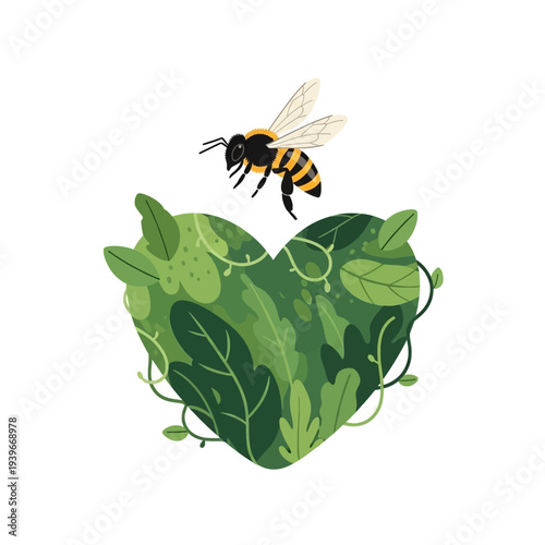 Honey Bee Flying Over Green Leaf Heart Illustrating Nature and Environmental Protection