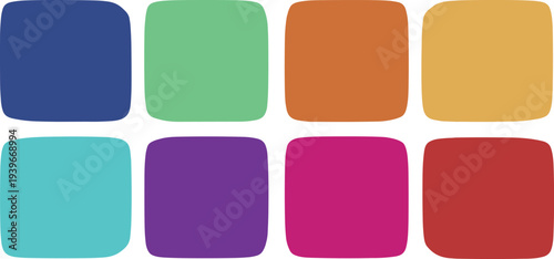 Vibrant grid of rounded colorful squares in contrasting hues arranged symmetrically for abstract background and modern design projects