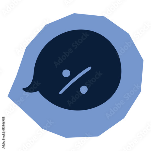 Hand drawn percent symbol in speech bubble on blue abstract shape for scrapbook and journal. Vector illustration design.