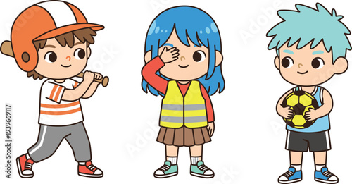 Cartoon children practicing sports featuring a boy with a baseball bat and helmet, a girl in a safety vest, and a boy holding a soccer ball.