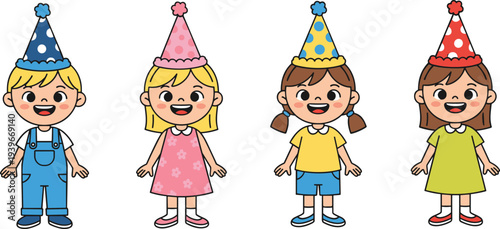   
Cartoon children wearing colorful party hats and smiling in cheerful festive celebration scene for birthday or holiday projects