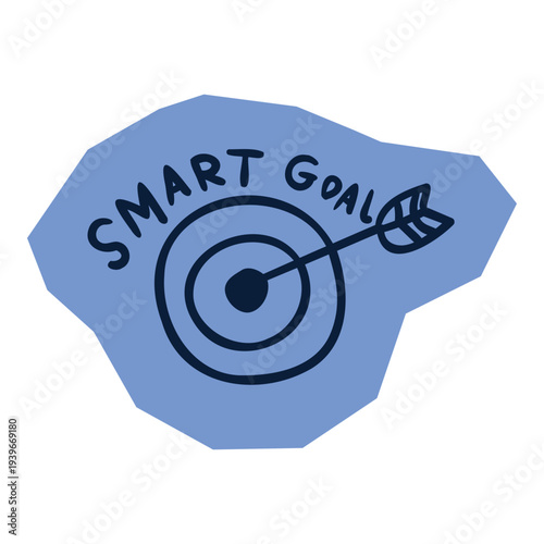 Hand drawn target with arrow and SMART GOAL text on blue abstract shape for scrapbook and journal. Vector illustration design.