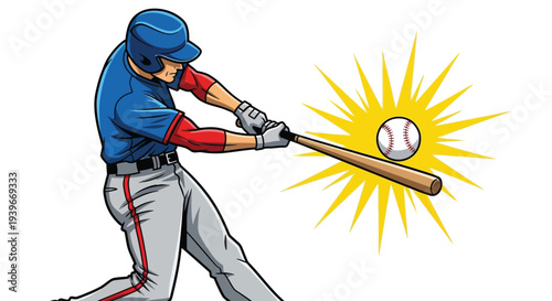 A dynamic vector illustration of a baseball player powerfully hitting a ball with a bat, showing impact.