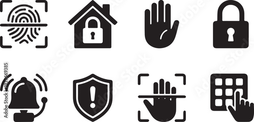 Set of blue security icons on white background, including lock, shield, alarm, fingerprint, and warning symbols, representing protection and safety concepts for business and technology use.