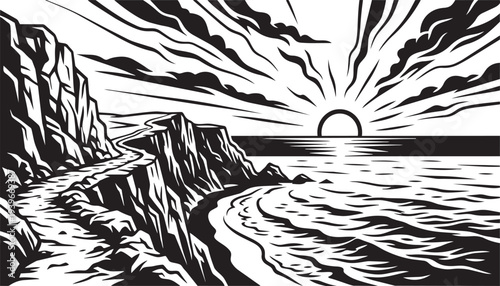 Coastal sunset vector illustration with ocean waves, rocks, and winding road on cliff