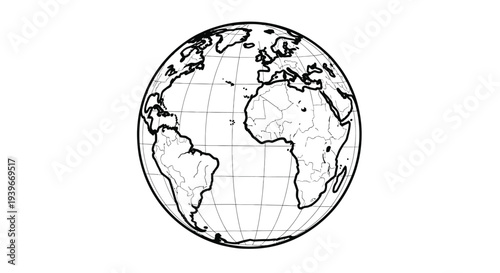 Minimalist black and white vector illustration of a detailed earth globe map with continents and grid lines.