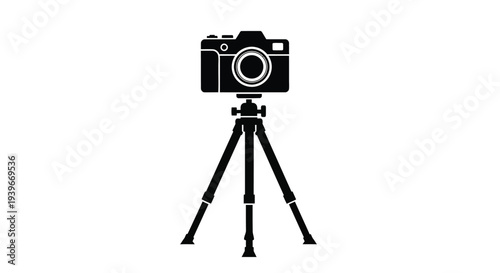 Minimalist vector illustration of a vintage style camera mounted on an adjustable photography tripod design