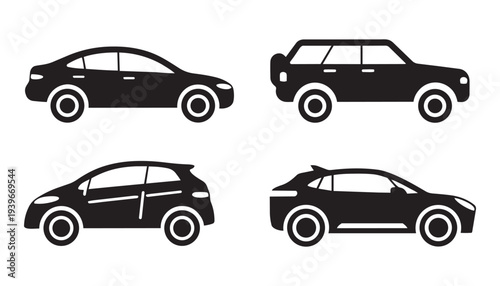 Set of car side view silhouettes vector illustration, isolated automobile icons, sedan and suv