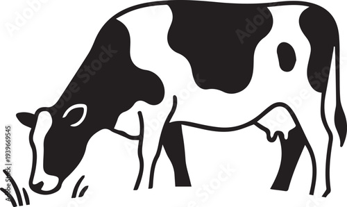 A black and white illustration of a cow grazing peacefully in a field with its head down eating grass in a simple line art style.