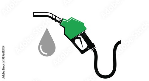 Simple black and green vector graphic illustration of a dripping fuel nozzle dispensing gasoline or liquid energy