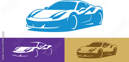Stylized illustration of sports cars in blue, purple, and gold colors, featuring sleek designs and modern aesthetic appeal for creative projects and automotive themes.