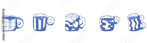 Hand drawn coffee set with doodle pottery cups. Collection of hot beverages with espresso, cappuccino, latte, spilled liquid isolated on white. Minimal blue line art for menus, cafes, packaging