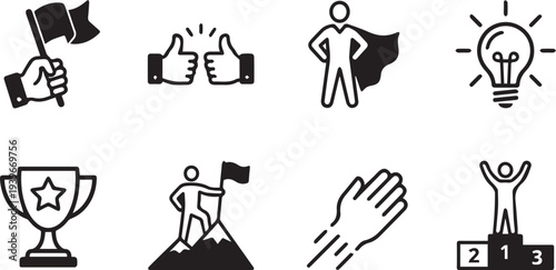 Collection of eight black icons on white background, including flags, thumbs up, superhero, light bulb, trophy, winner, hand, and champion, symbolizing success and achievement.
