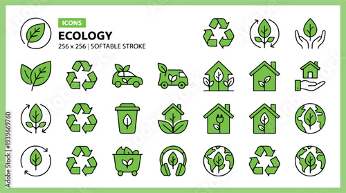 A collection of green ecological icons in a grid, representing environmental concepts such as recycling, sustainability, eco-friendly living, and conservation.