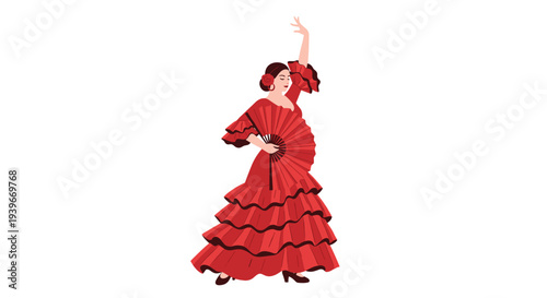 A vibrant illustration features a female flamenco dancer in a tiered red dress, holding an open fan with one arm dramatically raised.