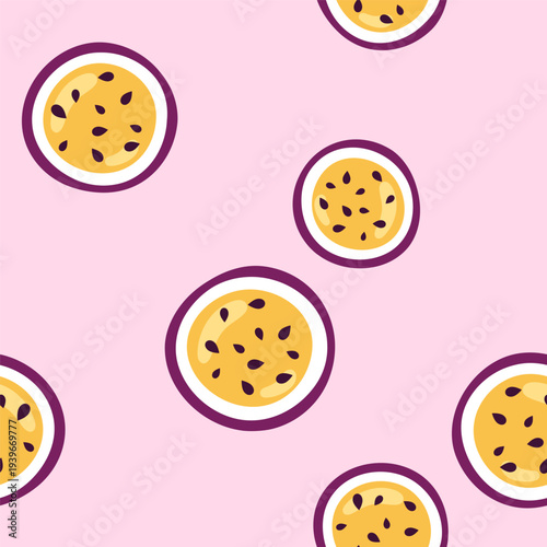 Passion fruit halves, slices seamless pattern, background