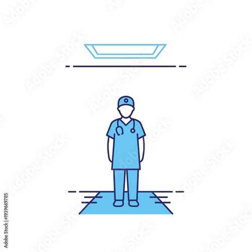 Medical professional in blue scrubs with stethoscope and cap standing under a sterile tray, healthcare concept.