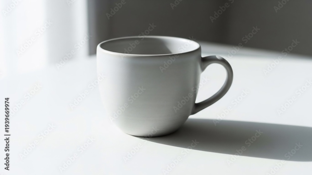 Fototapeta premium Minimalist White Ceramic Mug on a Bright Tabletop with Soft Shadows.
