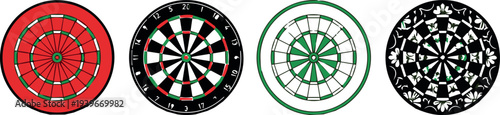 Four different dartboards in a row, showcasing various designs and colors, including red, black and white, green, and decorative patterns, for darts games and competitions.