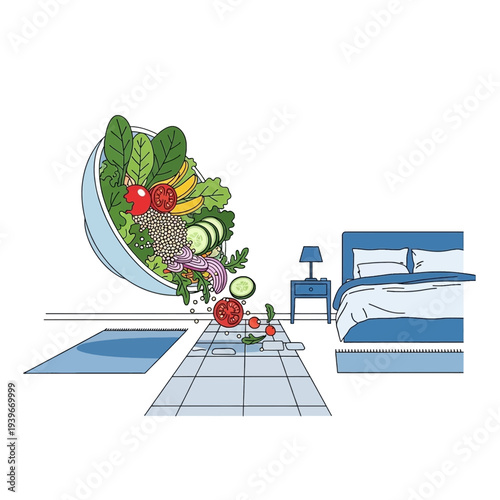 Fresh salad spilling from a tipped bowl onto a tiled floor in a bedroom, depicting a disruption of healthy habits.