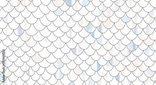 A minimalist graphic showcases a seamless pattern of outlined fish scales subtly enhanced with faint watercolor washes on a clean white background.