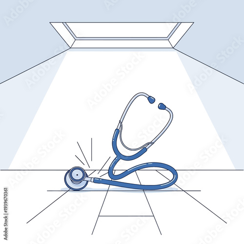 Blue Stethoscope Dropped on Empty Floor in Stark Illuminated Room