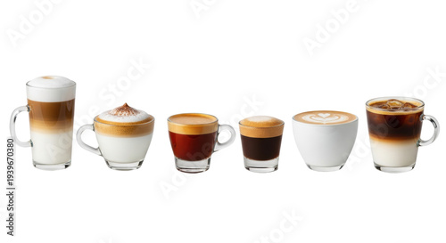 Variety of six layered coffee drinks including latte, cappuccino, and espresso in glass cups on a transparent background. Concept for beverage advertising