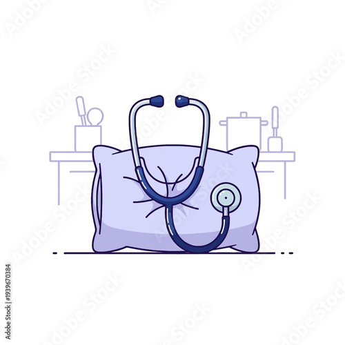 Minimalist illustration of a stethoscope on a soft purple pillow, symbolizing sleep health, rest, and wellness.