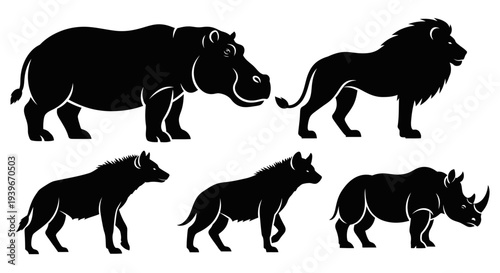 African Safari Animals Silhouettes Set: Lion, Hippopotamus, Rhinoceros, and Hyenas Wildlife Vector