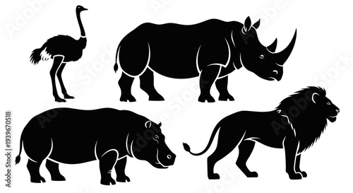 African Safari Animals Silhouettes Set: Ostrich, Rhinoceros, Hippopotamus, Lion