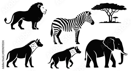African Safari Wildlife Silhouettes: Lion, Zebra, Elephant, Hyenas, and Acacia Tree Vector Set