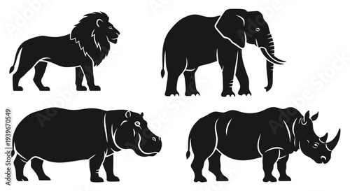 African Safari Wild Animals Silhouettes: Lion, Elephant, Hippopotamus, Rhinoceros Icons
