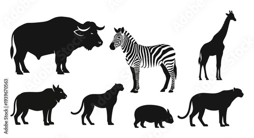 African Wild Animals Silhouettes Set: Safari Wildlife Collection Icons