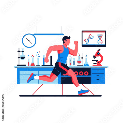Man running in a science laboratory with genetic research displayed on a monitor, representing fitness and health science.