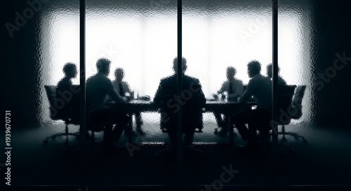 Silhouettes of people in a meeting room with large windows and office chairs