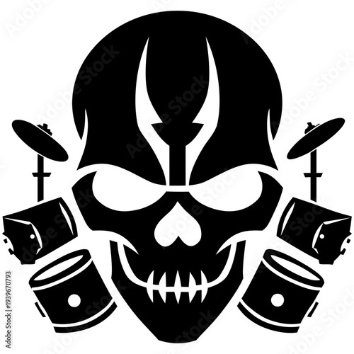 Wallpaper Mural Vector Art Metal Skull Drum Kit Fusion in Bold Black and White Design for Edgy Music Aesthetic Torontodigital.ca