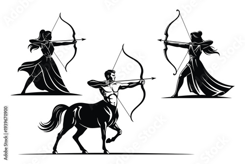 Black and white illustration of centaur and female archers in ancient style