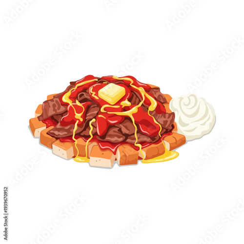 Iskender Kebab with Tomato Sauce and Yogurt Flat Vector Illustration Isolated on White.