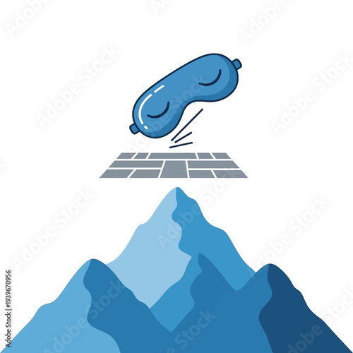 Blue sleep mask above a geometric grid and abstract mountains, symbolizing dreams, goals, and ambition.