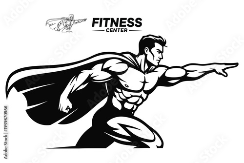 Fitness superhero logo with muscular man in cape pointing forward