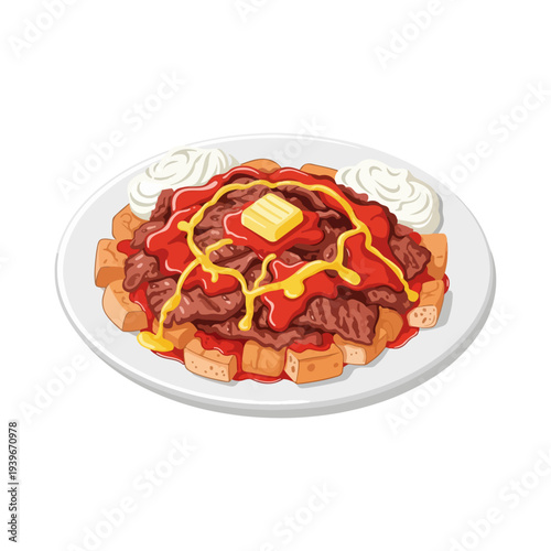 Iskender Kebab with Tomato Sauce and Yogurt Flat Vector Illustration Isolated on White.