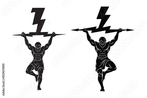 Two muscular figures holding lightning bolts in a powerful stance