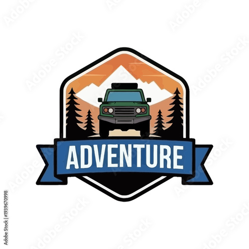 Off-road adventure vehicle on a mountain landscape emblem with the word ADVENTURE banner, suggesting exploration and outdoor activities
