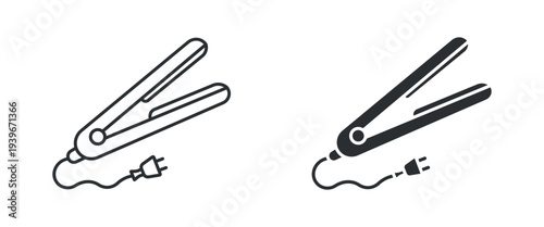 Hair straightener styling tool icon set, electric hair flat iron symbol, in outline and solid silhouette style. Vector illustration.